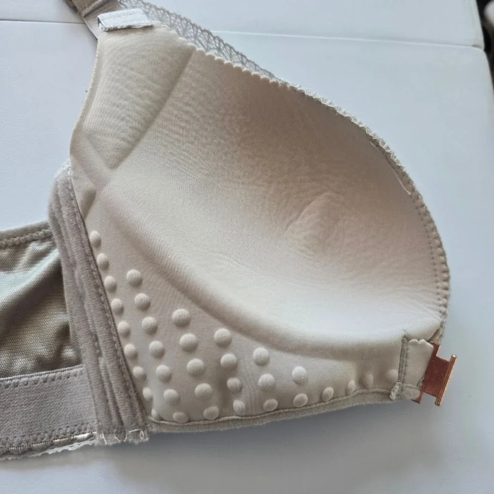 Taupe Lace Front-Close Bra‎ Rose Floral Racerback Rhinestone Women 42C Lingerie